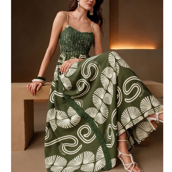 Boho Floral Print Embroidered High Waisted Maxi Dress - Picture 1 of 10